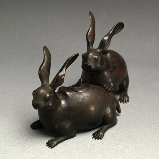 Antique Japanese Bronze Rabbit Koro Incense Burner Set