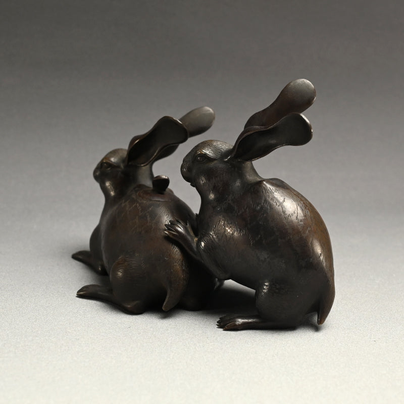 Antique Japanese Bronze Rabbit Koro Incense Burner Set