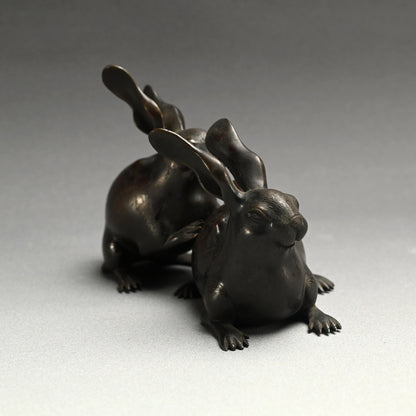 Antique Japanese Bronze Rabbit Koro Incense Burner Set