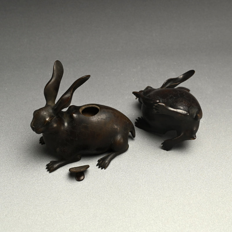 Antique Japanese Bronze Rabbit Koro Incense Burner Set