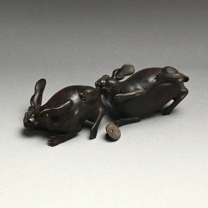 Antique Japanese Bronze Rabbit Koro Incense Burner Set