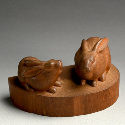 Serenity in Wood, a Carved Rabbit Okimono