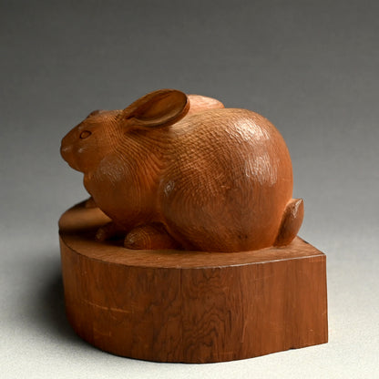 Serenity in Wood, a Carved Rabbit Okimono