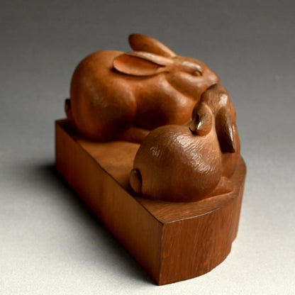 Serenity in Wood, a Carved Rabbit Okimono