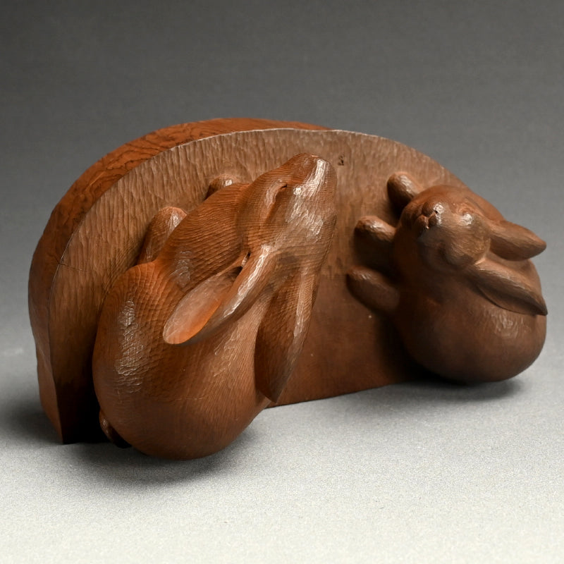 Serenity in Wood, a Carved Rabbit Okimono