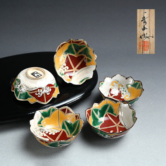 Set 5 Maple Leaf Mukozuke Dishes ー宮川 香山 "色絵竜田絵向付"