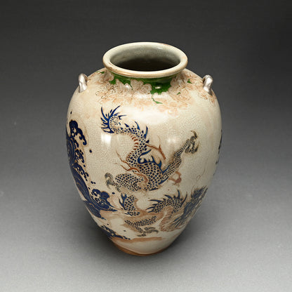 Fabulous 19th c. Ninsei Style Vase with Dragons and Waves