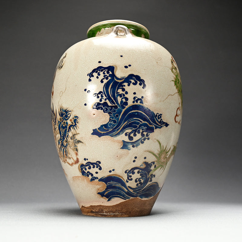 Fabulous 19th c. Ninsei Style Vase with Dragons and Waves