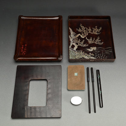 Rare! Lacquer Writing Box ー諏訪蘇山 “青貝唐閣山水 硯箱” “古稀記念”