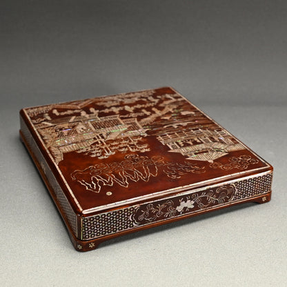 Rare! Lacquer Writing Box ー諏訪蘇山 “青貝唐閣山水 硯箱” “古稀記念”