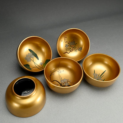 5 Antique Japanese Gold Lacquered Soup Bowls