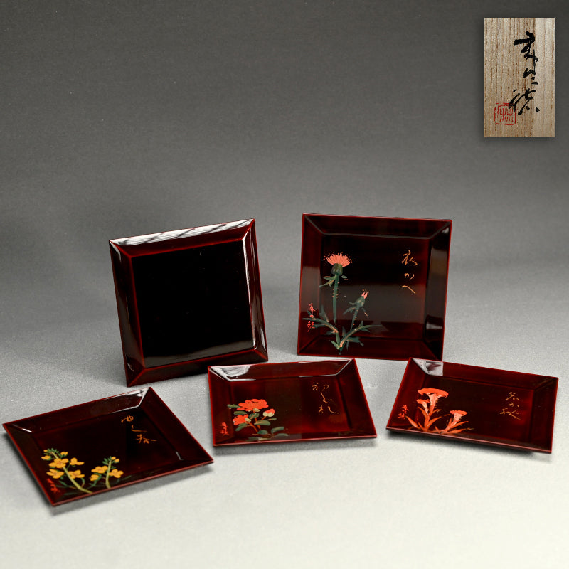 Lacquer 5 Plate Set ー張間 麻佐緒 “歳特記 四季草花 漆絵銘々皿”