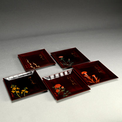 Lacquer 5 Plate Set ー張間 麻佐緒 “歳特記 四季草花 漆絵銘々皿”