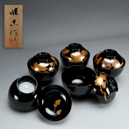 Lacquer Bowl Set / 輪島塗 濱田屋 井波 唯志 “草花蒔絵 吸物椀 5客”