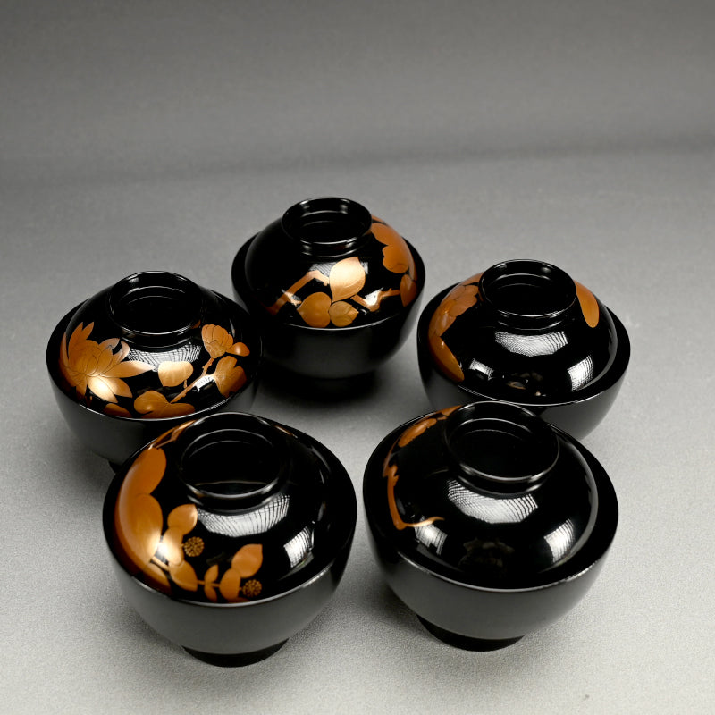 Lacquer Bowl Set / 輪島塗 濱田屋 井波 唯志 “草花蒔絵 吸物椀 5客”