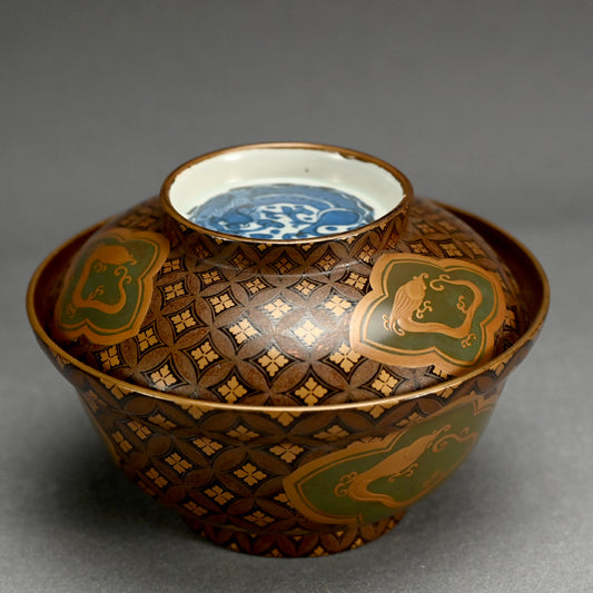 19th c. Japanese Lacquered Porcelain bowl w/ Dragon Designs