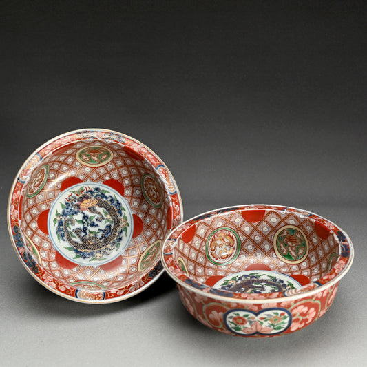 2 Luxurious Daishoji-Imari Porcelain Dragon Bowls, Kutani ー奇玉宝鼎之珍