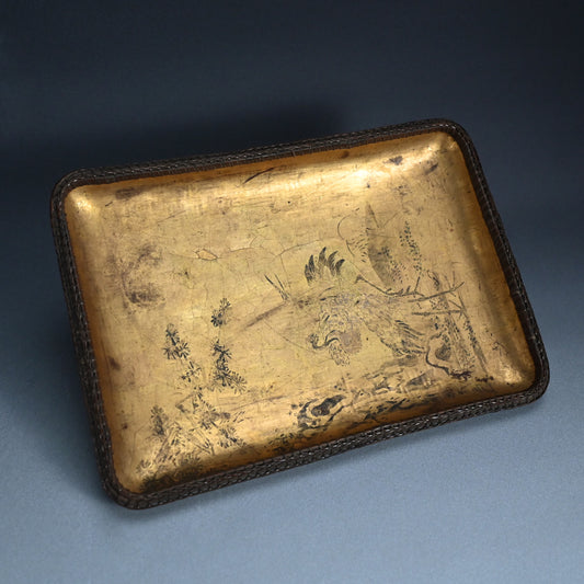 Ancient Signed Woven Bamboo Basket lined with Gold