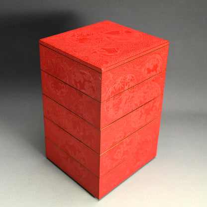 Exquisite Meiji p. Engraved Cinnabar Lacquer Box Set ー輪島塗 堆朱五ツ組重箱 白幡