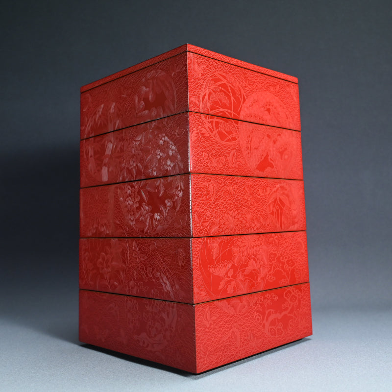 Exquisite Meiji p. Engraved Cinnabar Lacquer Box Set ー輪島塗 堆朱五ツ組重箱 白幡
