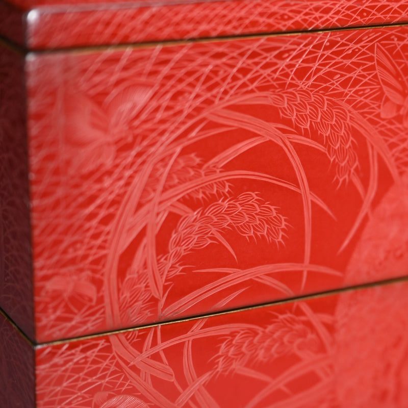 Exquisite Meiji p. Engraved Cinnabar Lacquer Box Set ー輪島塗 堆朱五ツ組重箱 白幡