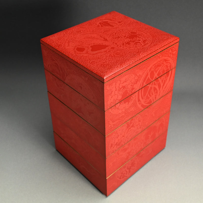 Exquisite Meiji p. Engraved Cinnabar Lacquer Box Set ー輪島塗 堆朱五ツ組重箱 白幡
