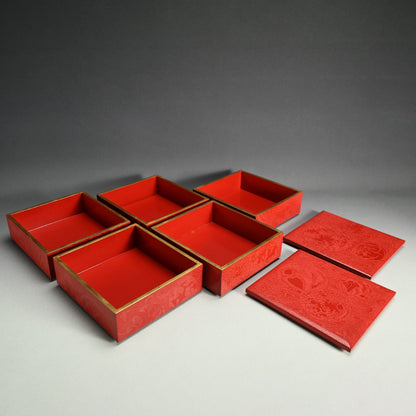 Exquisite Meiji p. Engraved Cinnabar Lacquer Box Set ー輪島塗 堆朱五ツ組重箱 白幡