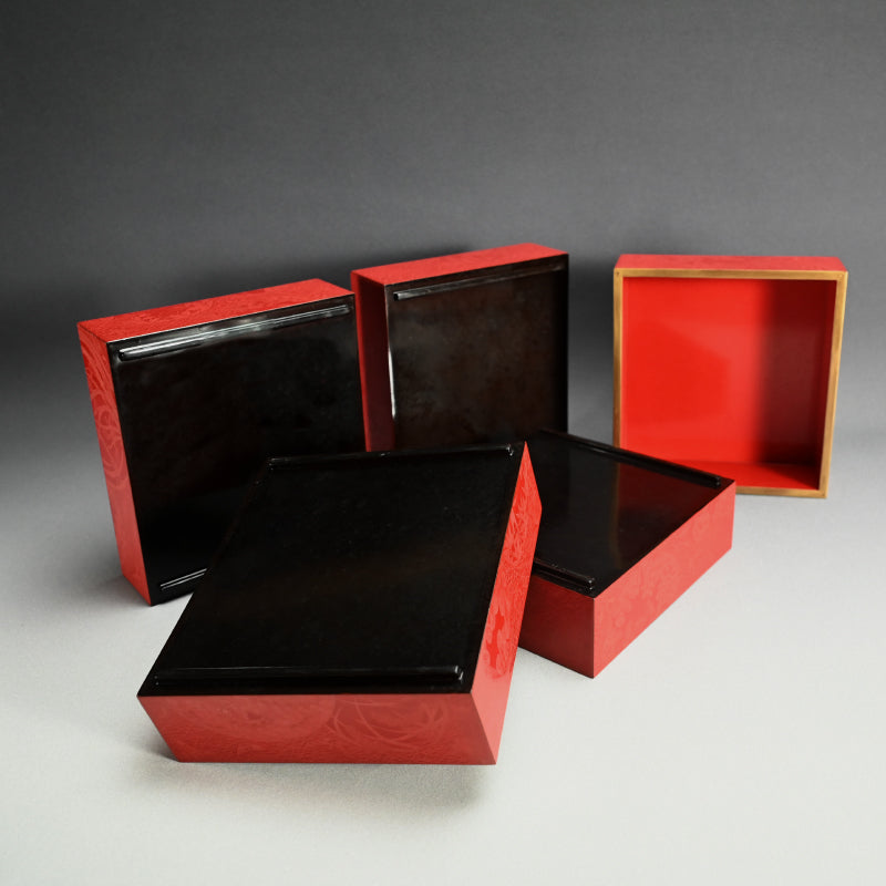 Exquisite Meiji p. Engraved Cinnabar Lacquer Box Set ー輪島塗 堆朱五ツ組重箱 白幡
