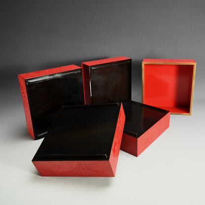 Exquisite Meiji p. Engraved Cinnabar Lacquer Box Set ー輪島塗 堆朱五ツ組重箱 白幡