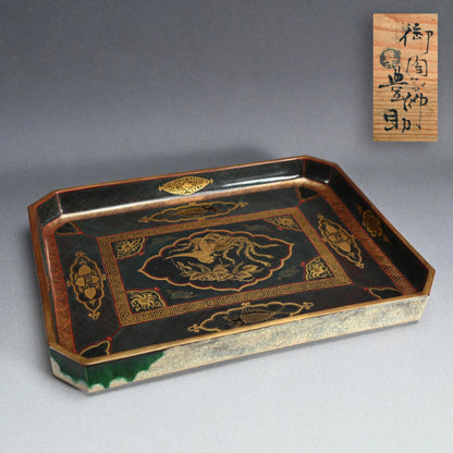 Museum Quality Lacquered ceramic Toyoraku Tray ー豊助 “内七寶歪画硯盆”
