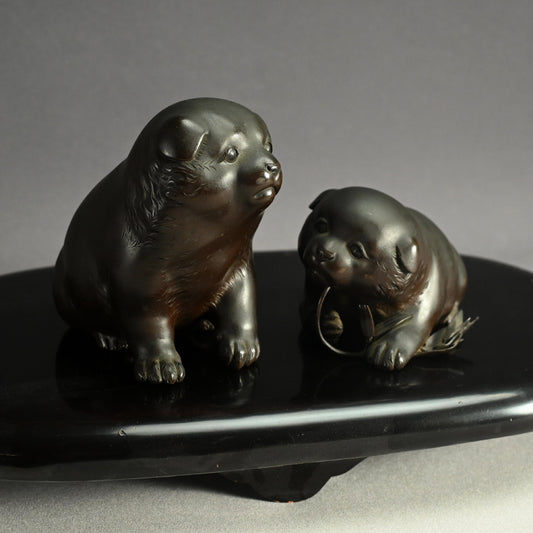 Pair Antique Japanese Bronze Puppies
