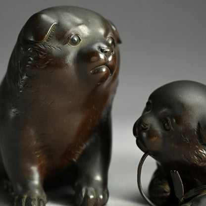 Pair Antique Japanese Bronze Puppies