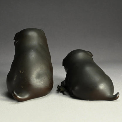 Pair Antique Japanese Bronze Puppies