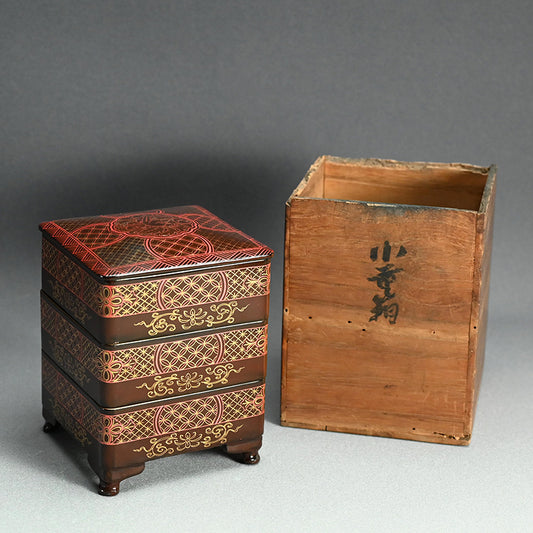 Toyoraku Yaki Lacquered Ceramic Jubako Stacking Box ー豊楽焼重箱