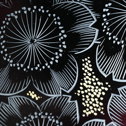 Lacquer Tray Set, Sakura by Living National Treasure ー小森 邦衞 “夜櫻 沈金丸盆”