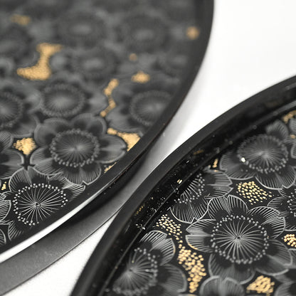Lacquer Tray Set, Sakura by Living National Treasure ー小森 邦衞 “夜櫻 沈金丸盆”