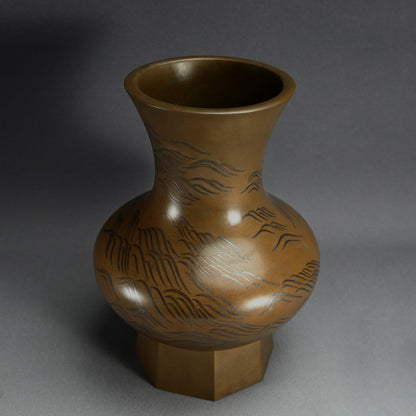 Superb Bronze Vase ー中川 浄益, 瑞翁宗左 "花入 波銀象嵌"