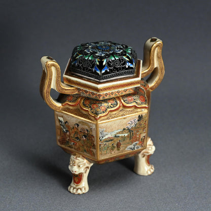 Meiji Period Satsuma Incense Burner ー薩摩錦手 人物風景文六角香炉