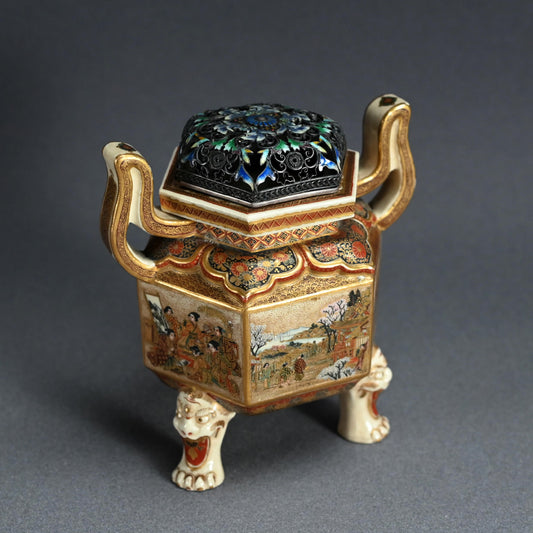 Meiji Period Satsuma Incense Burner ー薩摩錦手 人物風景文六角香炉