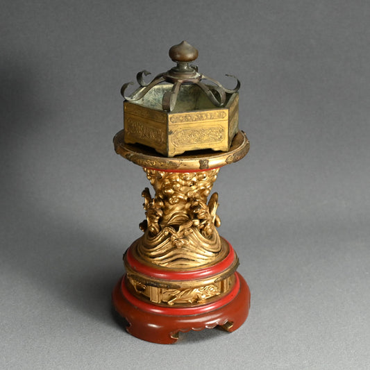 Buddhist Koro Incense Burner w/ Gilded Wooden Stand