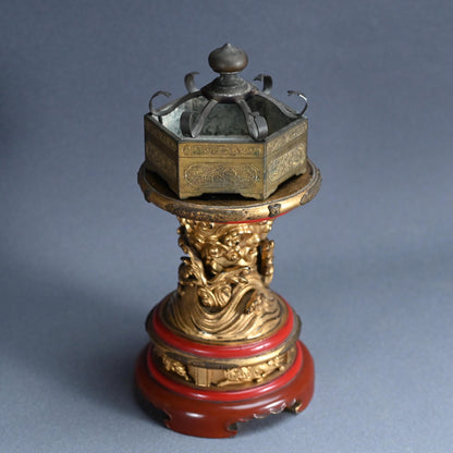 Buddhist Koro Incense Burner w/ Gilded Wooden Stand
