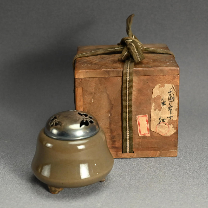 Antique Kyushu Celadon Koro Incense Burner with Silver Lid