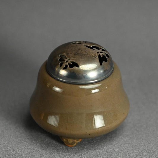 Antique Kyushu Celadon Koro Incense Burner with Silver Lid