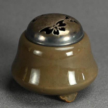 Antique Kyushu Celadon Koro Incense Burner with Silver Lid