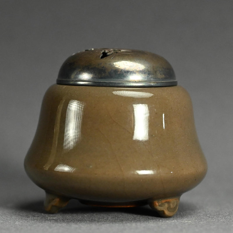 Antique Kyushu Celadon Koro Incense Burner with Silver Lid
