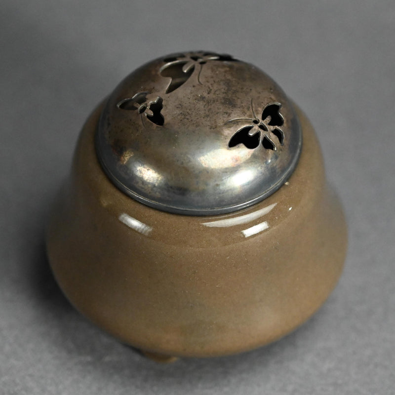 Antique Kyushu Celadon Koro Incense Burner with Silver Lid