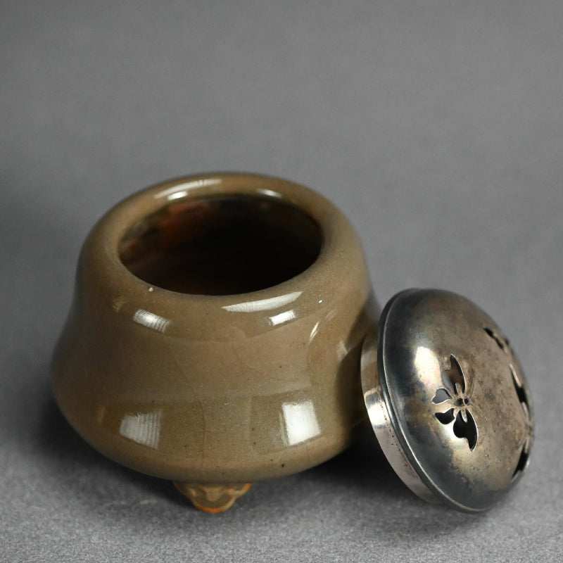Antique Kyushu Celadon Koro Incense Burner with Silver Lid