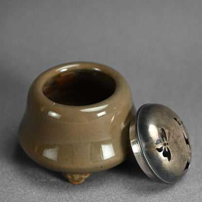 Antique Kyushu Celadon Koro Incense Burner with Silver Lid