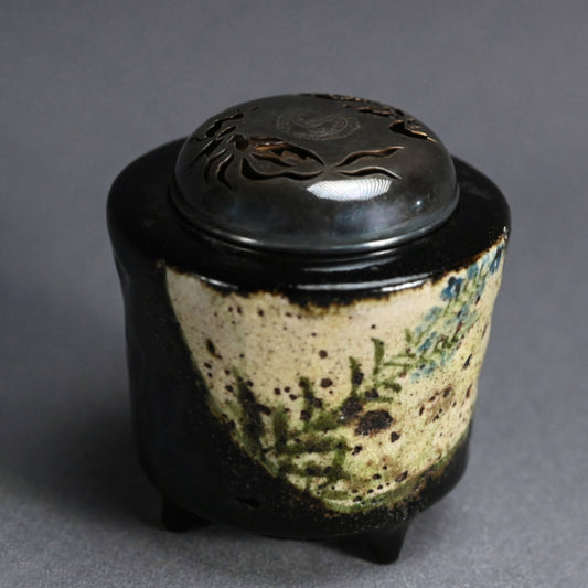 Kenzan Style Black Raku Koro Censer with Silver Lid ー乾山楽焼 香炉