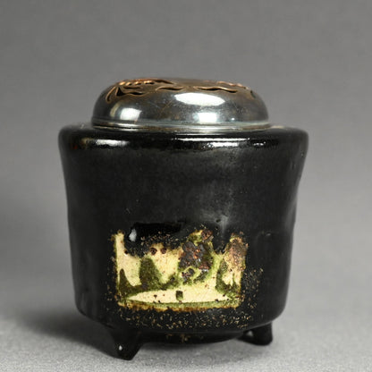 Kenzan Style Black Raku Koro Censer with Silver Lid ー乾山楽焼 香炉